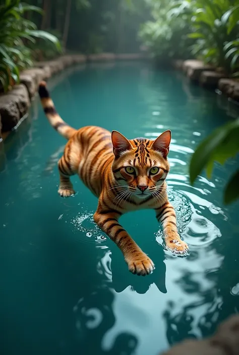 A tiger cat ，Swim in the pool