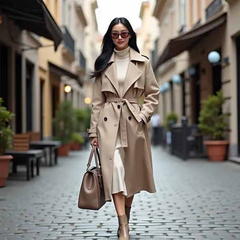 A refined high-fashion editorial set on a cobblestone street lined with modern boutiques and cafes, featuring an Asian woman with glossy black hair styled in a sleek low ponytail. She wears a belted trench coat in a soft greige tone, layered over a cream t...