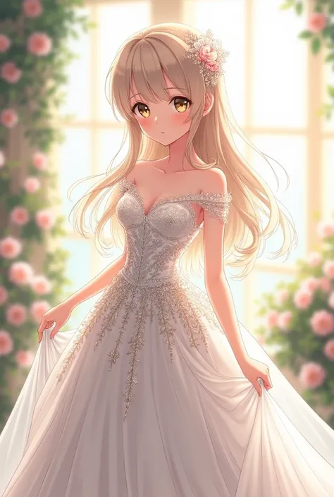 An anime girl in white emblished wedding gown