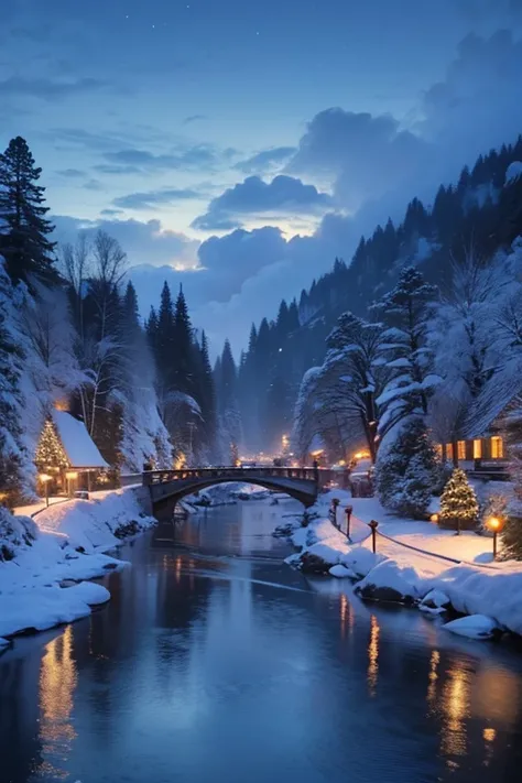 (magical pretty  blue stream overlay scene), ( Christmas Winter Scenery ), (cloud),   soft writing , Clean Background, beautiful  scenery, masterpiece,   High Quality ,   beautiful graphics,   high detail,by Thomas Kinkade,   Art Station  ,  Concentration,...