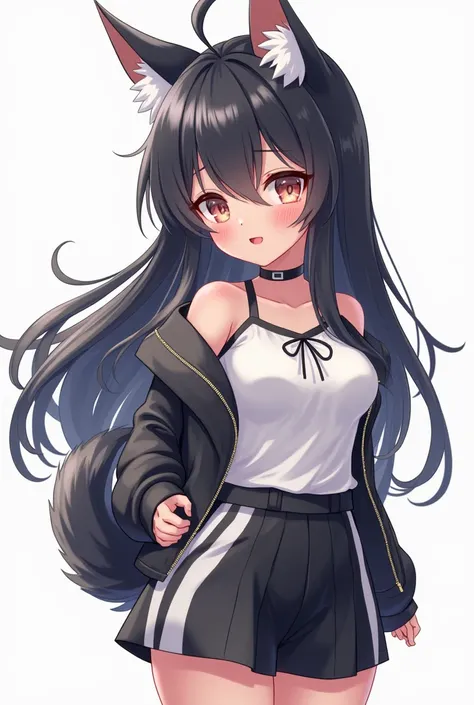 The girl with black hair 、 has dog ears and tail 。 is a cute girl with black and white clothes and big breasts。