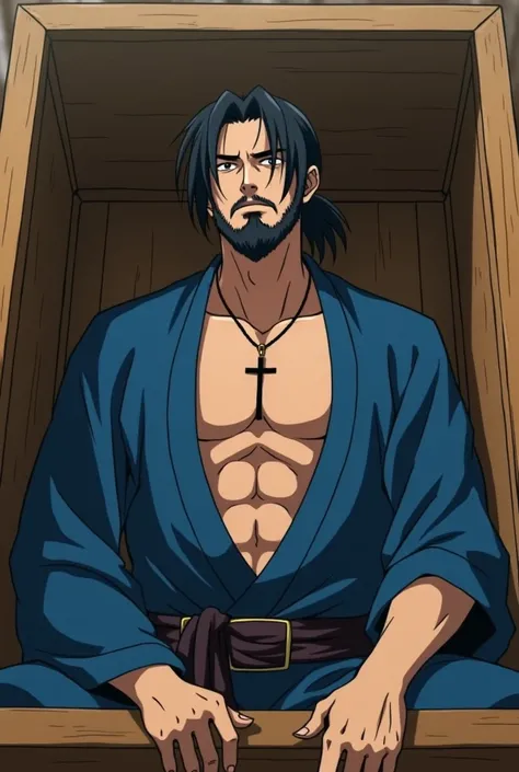 The unconscious man stuffed into a wooden box in the picture is tall, muscular, and well-proportioned. He wears a blue kimono that is not fully covered on top, revealing his upper chest and a necklace with a cross pendant. He has long hair that is tied loo...