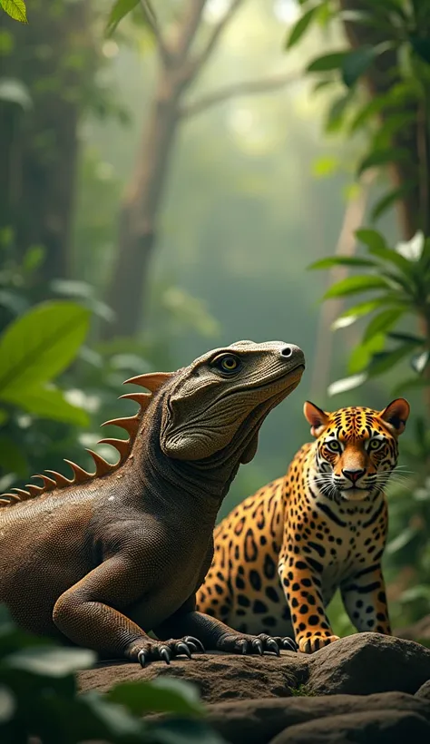 "A hyper-realistic scene featuring a calm Komodo dragon and a cautious jaguar in their natural habitat. The Komodo dragon has rugged, textured, scaly skin in earthy tones, resting peacefully with its tongue flicking occasionally. The jaguar, sleek and musc...