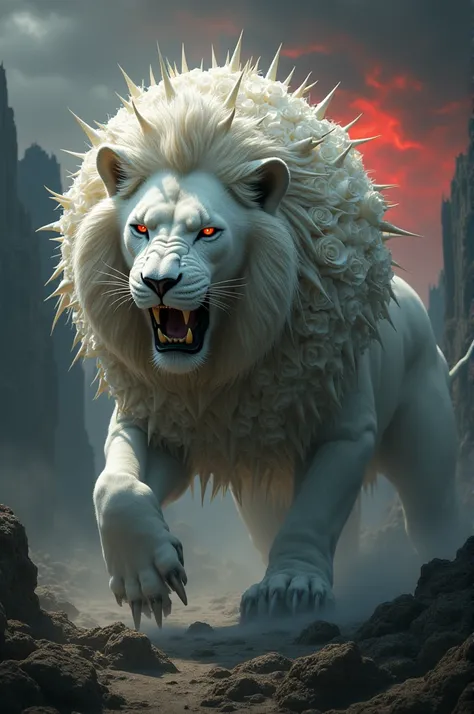 "Create an image of a hybrid creature that combines the features of a [Lion] and a [White Rose] into a single, monstrous entity. The creature should have the muscular body and head of a lion, but with its mane replaced by white rose petals that are sharp a...