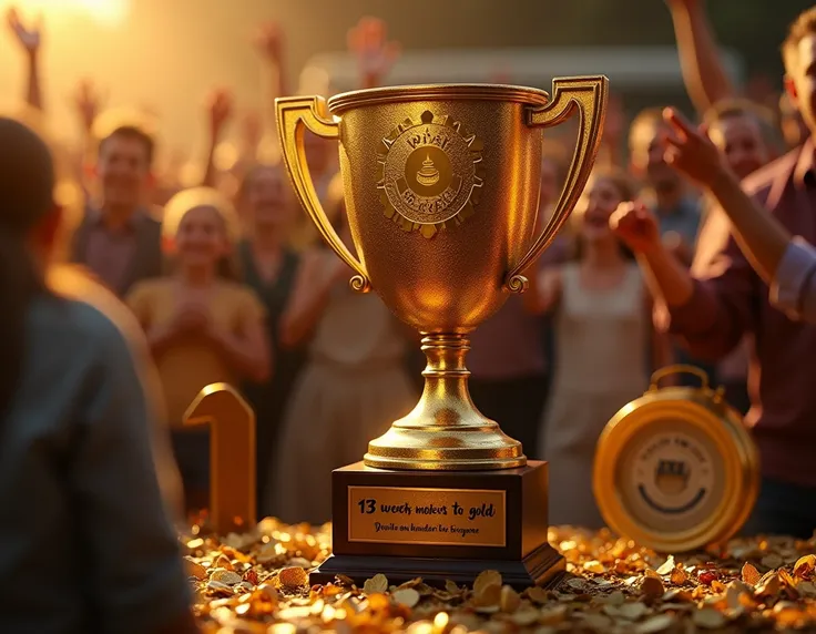 A trophy engraved with "13 weeks to gold," surrounded by Taylor Swift first album and a cheering audience in the background.