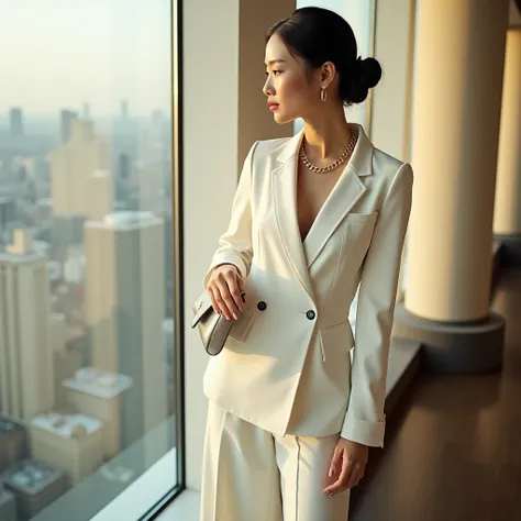 A chic high-fashion editorial set in an upscale high-rise lounge, featuring an Asian woman with sleek black hair styled in a smooth low bun. She wears a tailored white blazer with a structured silhouette, paired with matching white wide-leg trousers and po...