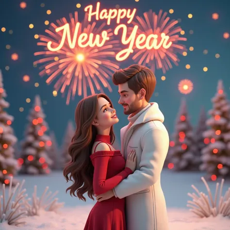 Create A 3D Hd Fully Realistic Image Of A Romantic Couple Standing Front Of " Happy New Year " Greeting Card.Fireworks in the sky.. The Girl Wearing Red Colour Dress, Long Hair, Pink Lips, The Boy Wearing White Colour Winter Dress , Masterpiece, Anatomical...