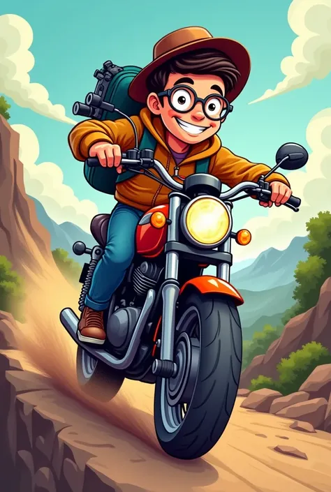 Illustrate cartoon vector image of guy wearing hat behind with round glasses riding motorcycle trail and carrying camera