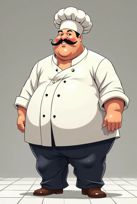  Mens FAT Chinese chef with a long and narrow mustache, de cuerpo entero, white gray floor and the bottom will be white ..... anime style 