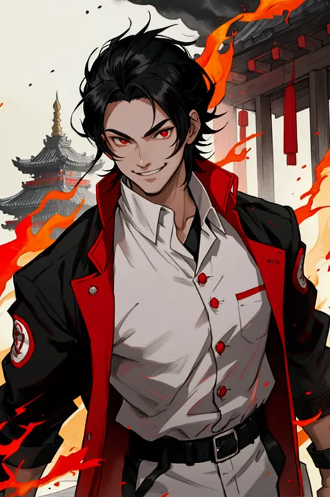 man, strong, black hair, white skin, smile, black blouse, red jacket, fire, fire around, anime style, red eyes, temple in the background