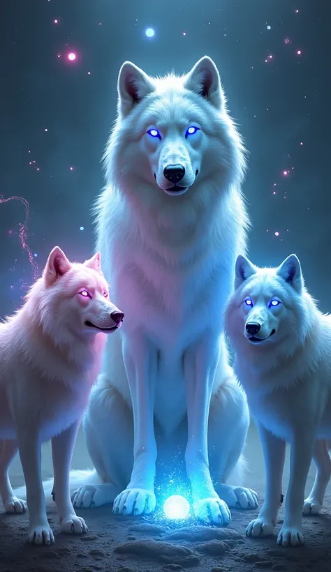 "A mystical scene in a high-fantasy setting, showcasing a noble woman dressed in a radiant pastel gown sitting regally on a towering white wolf with glowing blue eyes. The wolf exudes power and calm, its fur shimmering with soft magical hues. Two equally m...