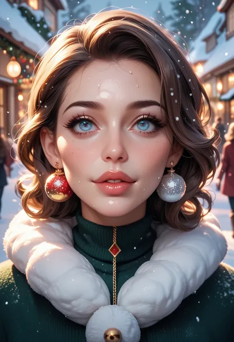 Lonely Christmas , Snow Leopard Girl , Watching families passing by , ( soft focus , Shallow focus , soft light) , Mature , Euphoria , glossy lips , moist eyes , coquettish , bold action , flasher , Insane , fabulous , sensational , funny face