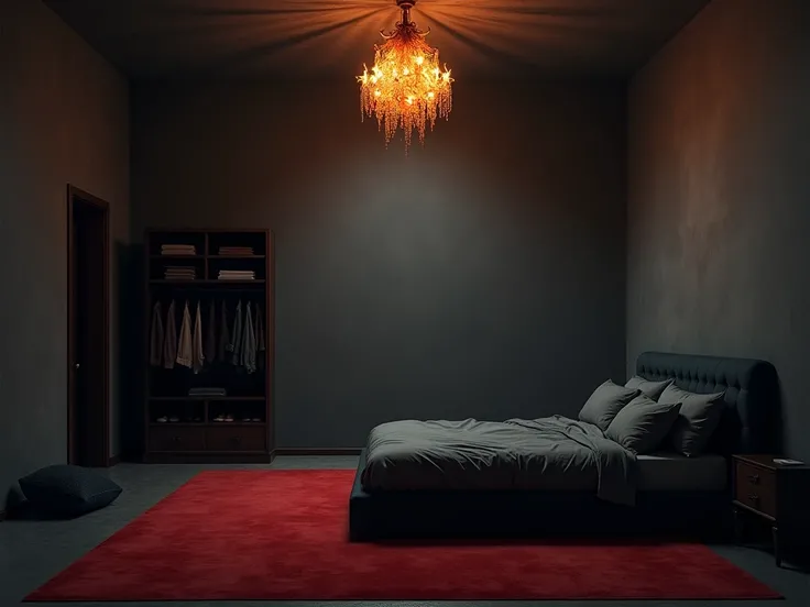  gray room ,  dark colored bed on the right side ,  chandelier at the top in the form of fire , red carpet ,  boxing wall cushion on the left side, wardrobe with scattered clothes .