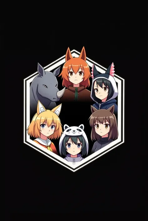 Logo Hexagon,
Only 6 Animal in one frame.
Top position = 3 Man with Rhinoceros, Fox, Owl costume. 
Bot position = 3 Women with Cat, Panda, Wolf costume. 
Serious Expression. Graphic design iillustration. Japan Anime style. no teks. 3D Model. HD. Background...