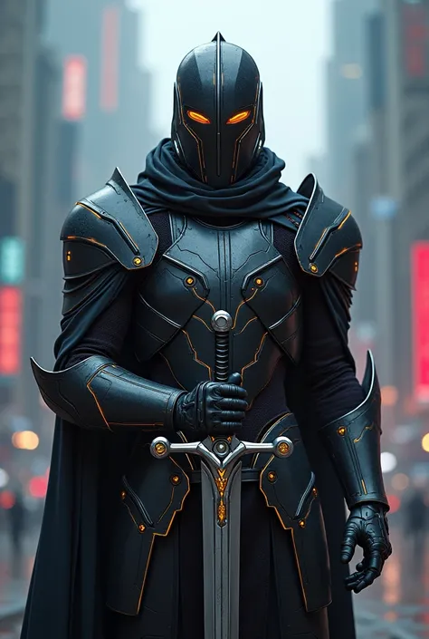 A man in cyberpunk knight armor,  holding a sword 