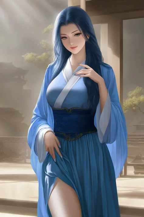 blue hair ,blue hanfu, medium breasts, long hair, seductive smile, masterpiece, best quality, realistic, 8k, official art, cinematic light, ultra high res, perfect female body, sharp focus, guofeng, 1girl, solo, chinese clothes, realistic, nail polish, sta...