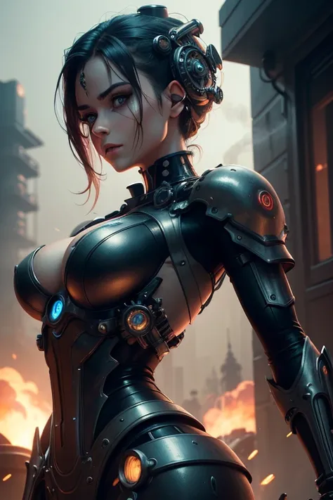 a beautiful woman with a robot body, her body powered by a steam engine, beautiful detailed eyes, beautiful detailed lips, extremely detailed eyes and face, long eyelashes, intricate mechanical details, gears, pistons, steam vents, BREAK,futuristic cyberpu...