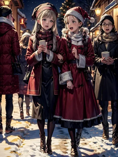 ren, three ren, carolers, caroler clothing, winter, winter background, night