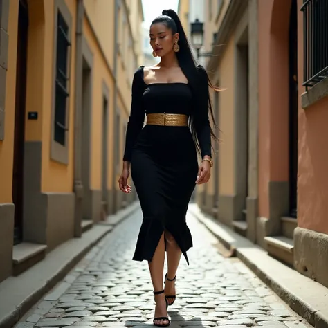 A striking high-fashion editorial set in a quaint cobblestone alleyway, featuring a curvaceous Asian woman with long black hair styled in a sleek high ponytail. She wears a body-hugging black midi dress with a square neckline and long sleeves, paired with ...