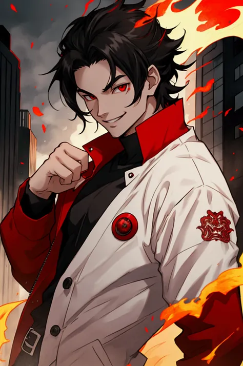 man, strong, black hair, white skin, smile, black shirt, red jacket, fire, fire around, anime style, red eyes, city in background