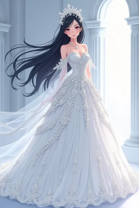 An anime girls full body in white diamond wedding gown with black hair and crown