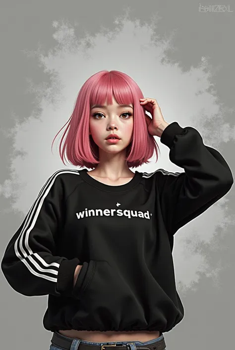 Realistic photo of a girl with pink short hair with bangs.  She wears a black sweatshirt with white stripes on the sleeves and with the inscription  "Winnersquad"  on her chest . The text is in white .  There is a small star-shaped logo on the left side of...