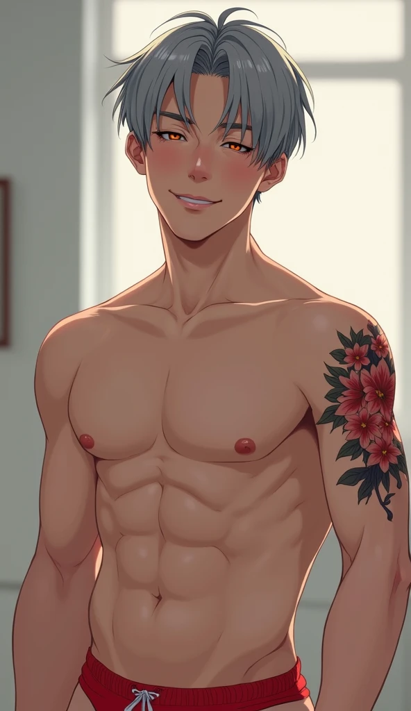 A smiling 28-year-old Korean man with a slight smile, grey hair with a black red tattoo on his arm, not wearing a shirt, showing off armpit hair, wearing red briefs.,  inspired by Yanjun Cheng , . translate, Ross Tran 8K, digital painting,  by Russell Dong...