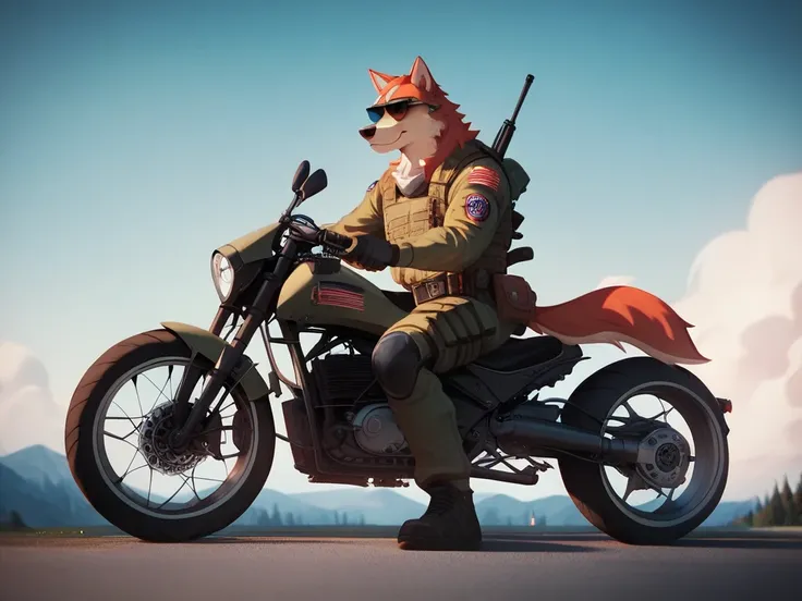 A wolfdog rides a motorcycle fuse，charming face，RIFLE IN HAND Wearing battle armor，Wear tactical glasses，Machine gun artillery on motorcycles，Jump through a ruined city，The scene is great，Image is HD，The visual sense of the film，4K