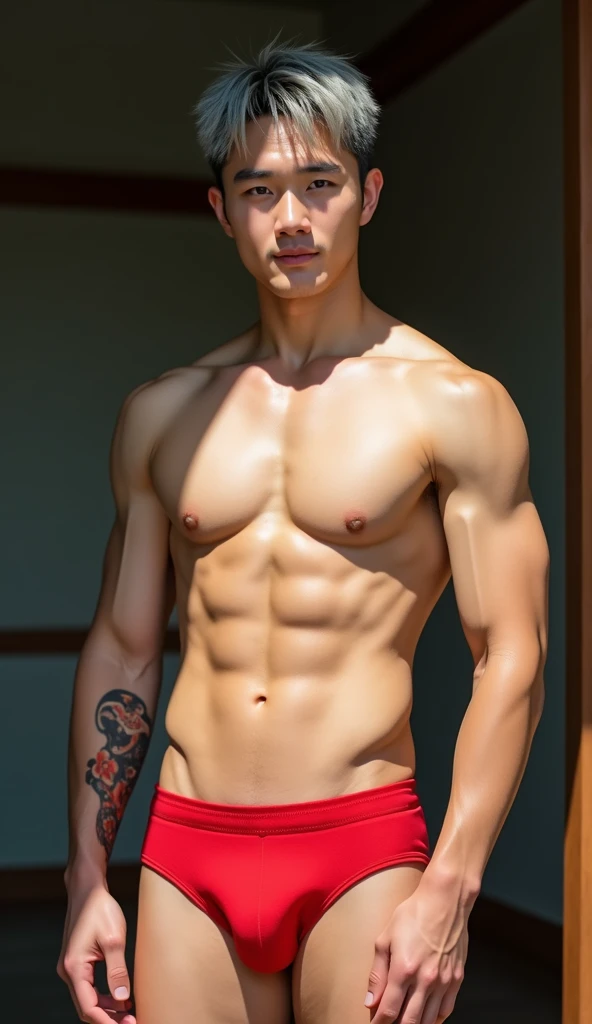 A smiling 28-year-old Korean man with a slight smile, grey hair with a black red tattoo on his arm, not wearing a shirt, showing off armpit hair, wearing red briefs., natural light มองที่ผู้ชม, 