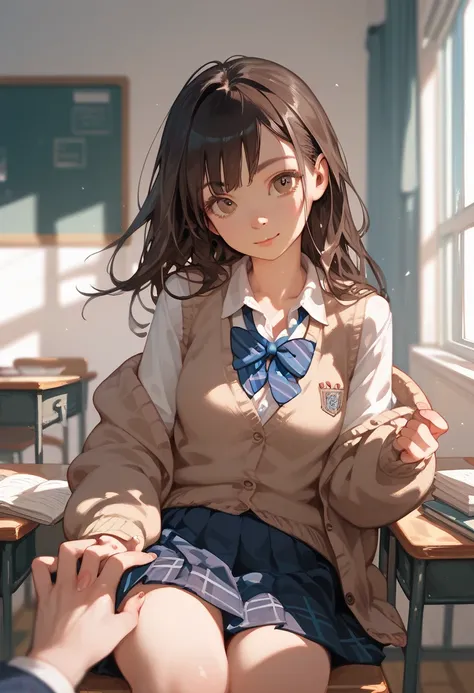 Score_9,Score_8_up,Score_7_up,highest quality,detailed,1girl,slim,brown long straight hair, school uniform, cardigan, Looking at viewer, viewer POV, lending a hand for help