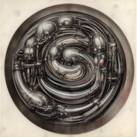 H. R. Gigers g1g3r, , Giger_style, H. R. Gigers g1g3r, , Giger_style, The image is a detailed view of H.R. Gigers " HRG NY CITY " plate, featuring ( HRGGR, The image is a detailed view of H.R. Gigers biomechanical tableau " LANDSCAPE No 312 " plate, featur...