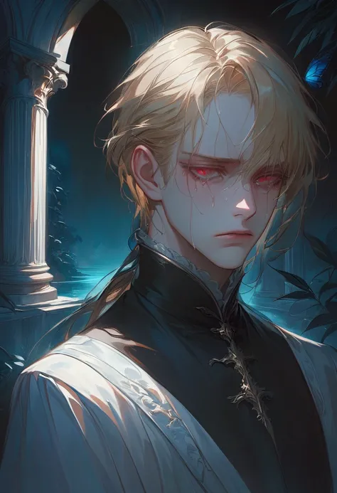 A tormented young prince with gentle blonde hair and ruby-red eyes, head slightly bowed in anguish, tears falling silently, wearing refined black royal attire. Set against a serene night garden with gentle moonlight casting soft shadows, marble columns in ...