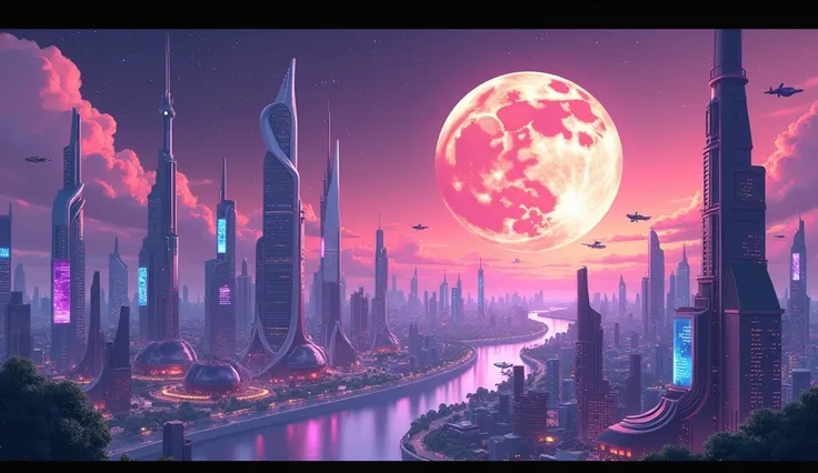  Show a panorama of a futuristic city filled with tall buildings with organic and luminous architecture. Flying cars pass ,  and advertising holograms fill the sky .  The night sky is purple with stars that look like small diamonds . In the distance,  a hu...