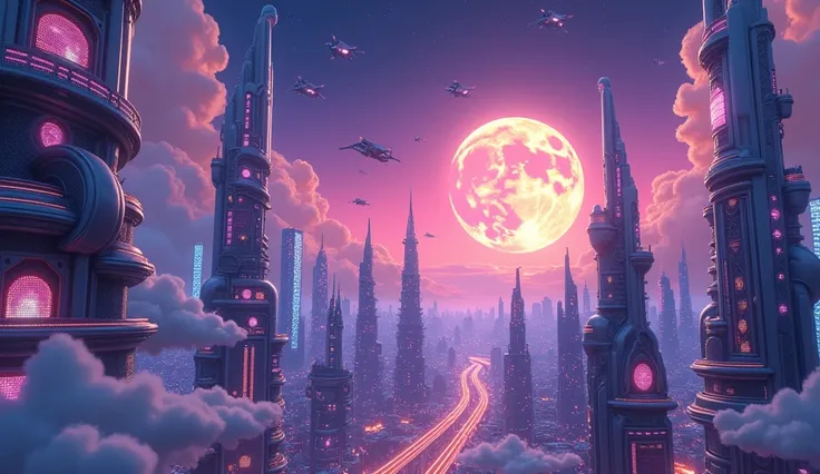  Show a panorama of a futuristic city filled with tall buildings with organic and luminous architecture. Flying cars pass ,  and advertising holograms fill the sky .  The night sky is purple with stars that look like small diamonds . In the distance,  a hu...