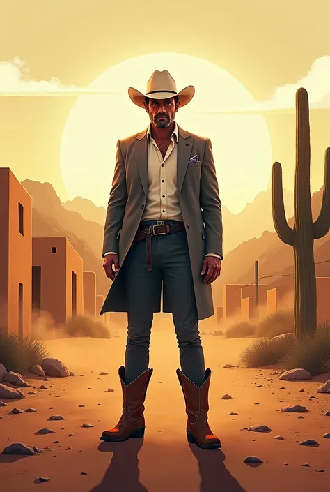 Action movie poster of a guy in a white hat, grey suit, and cowboy boots, in Mexico