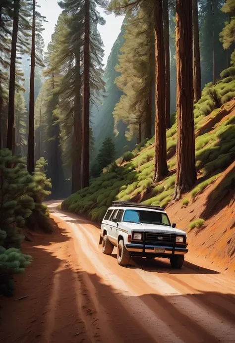 The camera follows behind a white vintage SUV with a black roof rack as it speeds up a steep dirt road surrounded by pine trees on a steep mountain slope, dust kicks up from it’s tires, the sunlight shines on the SUV as it speeds along the dirt road, casti...