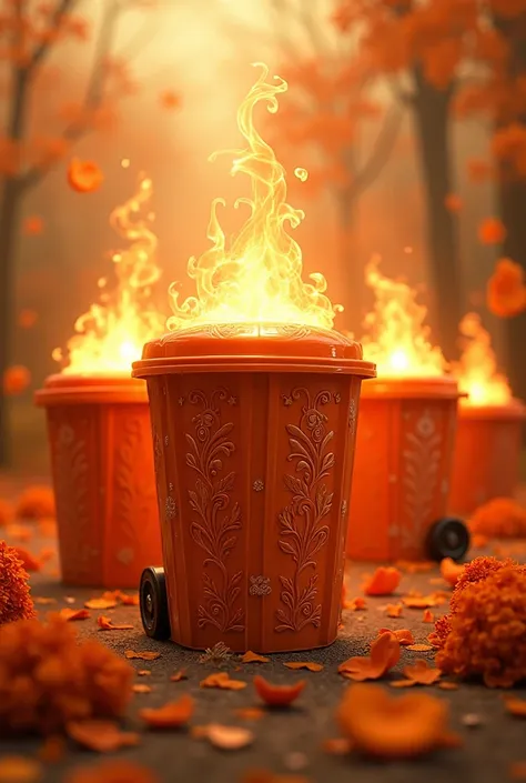 create an enchanting image in orange tones representing smelly trash cans