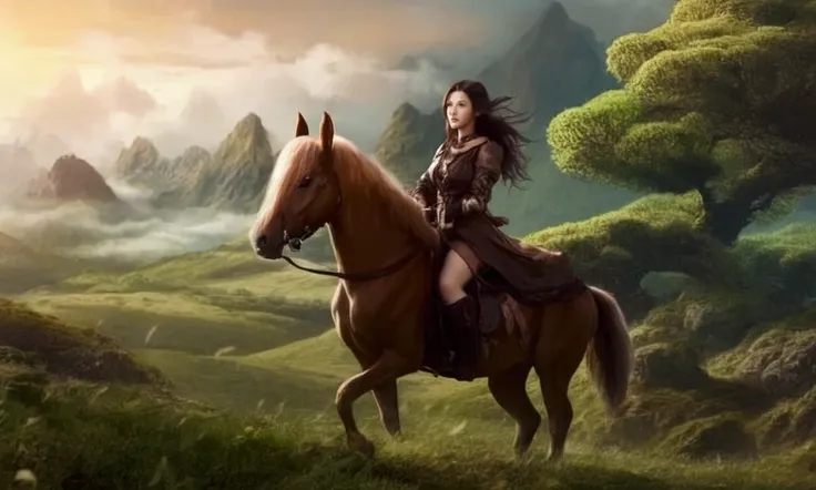 A cute woman (sexy adventurers outfit, long silken hair0 riding on her horse sized rabbit mount. She is calmly travelling through a fantasy field. Fantasy scenery
