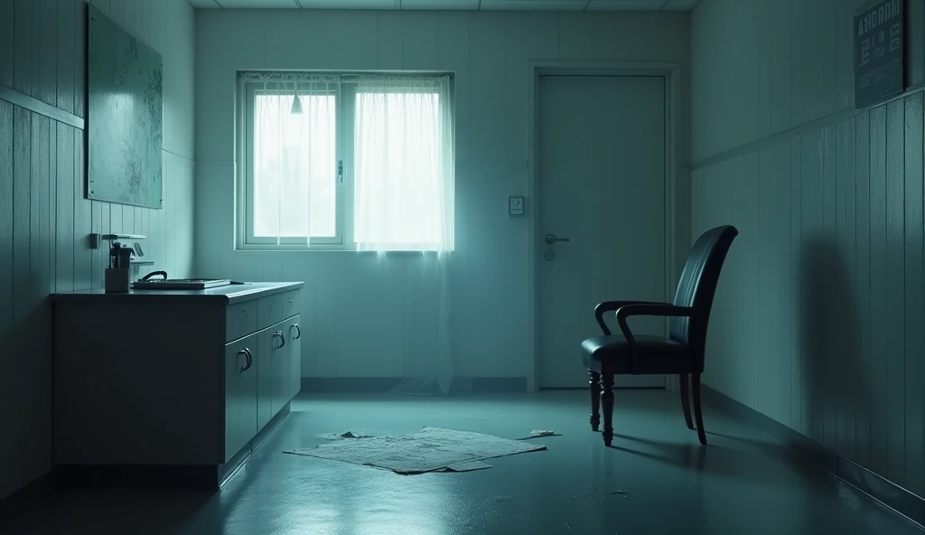 describe:  A silent hospital clinic ,  with cold light and white walls .  On the table is a test paper ,  the diagnostic results are clear but not visible detail .  Gloomy atmosphere , căng thẳng,  with shadows falling from the window where the faint light...