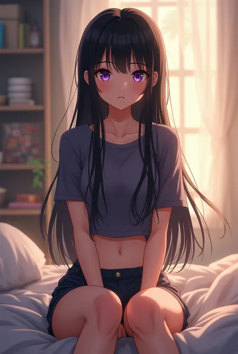 A beautiful girl with long black hair, purple eyes, a short shirt, and short pants sitting on the bed inside the house, red cheeks, embarrassed 