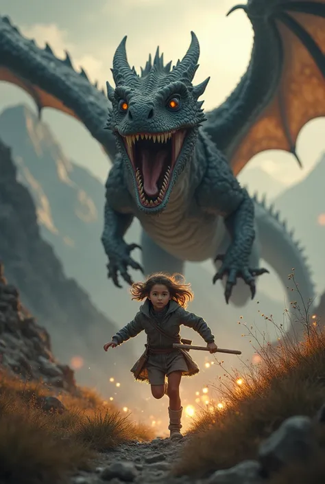 A girl running from a dragon 


