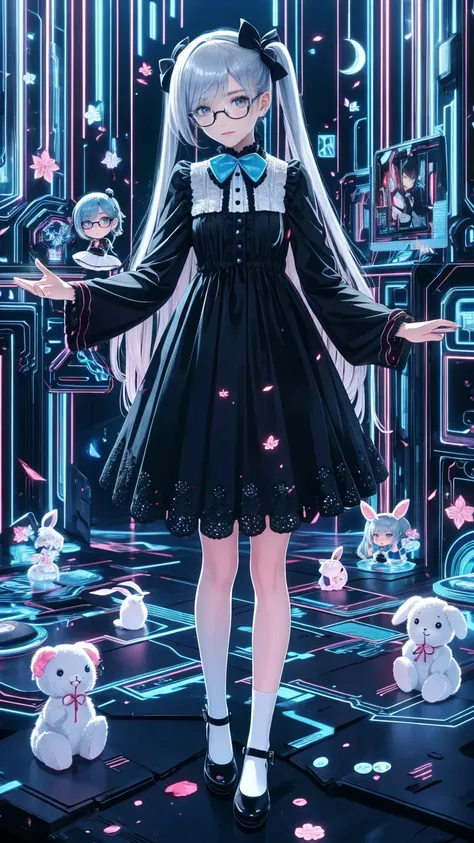 Tokyo ghoul style, female, 22, long white wavy hair in 2 pigtails, light blue bow accessories, white and baby blue ****ta dress, black Mary janes, white knee high socks, holding a stitched up toy rabbit, adult woman, mature, grey eyes, glasses, smiling, st...