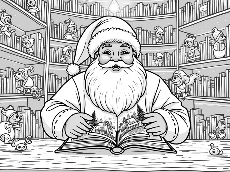 "A bold, black-and-white outline illustration of Santa in his magical library, surrounded by shelves filled with glowing Christmas storybooks. Books float mid-air, and one open book shows a tiny Christmas village illustration inside it. Add elves sitting o...