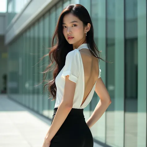 A sleek high-fashion editorial set against a modern glass building, featuring an Asian woman with her long, glossy black hair flowing freely down her back. She wears a white open-back blouse with a halter neckline, paired with high-waisted black fitted tro...