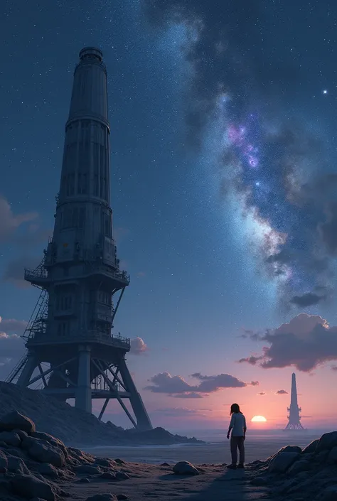  is slowly flowing ， A busy colony displays a tool in front of her eyes 。 Iron gray mechanical structure and huge gantry standing under the starry sky， symbolizes humanity Focusing on repairing an old starship part 。 A young girl crouched on the ground ， i...