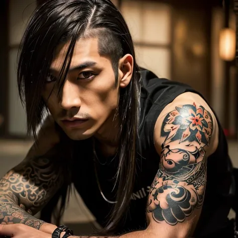 1 man, Japanese man, male, Asian eyes, golden eyescolor, muscular, broad shoulders, yakuza tattoos, hairstyle Visual Kei style, hair Visual Kei, black mens shirt and black pants, ultra detailed face and eyes , hyperrealistic, realistic representation, long...