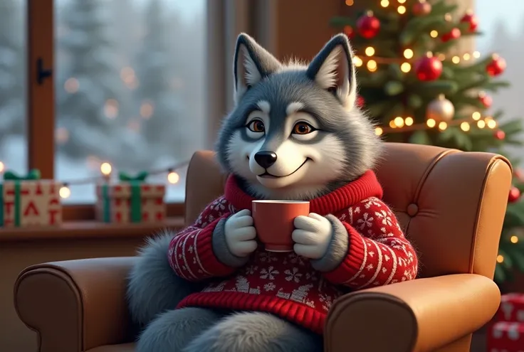 cute grey wolf with thick fur in santa sweater sitting on a chair, holding a cup of coffee, christmas tree on the background, lots of gifts, snow on the outside of the window