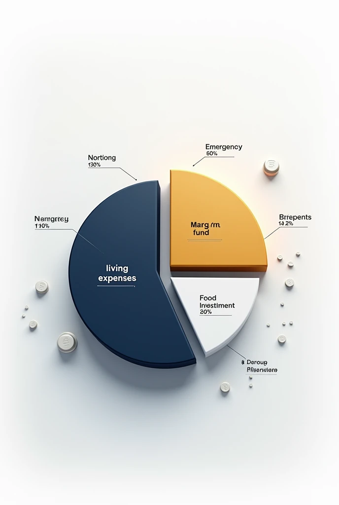   Pie Chart Teknik 622:

Navy Blue (60%):
"Living Expenses"
(Makanan, sewa, transportasi).

Gold (20%):
"Emergency Fund"
(Dana darurat, situasi tak terduga).

White-Gold Gradient (20%):
"Investment"
(Tabungan jangka panjang, aset).
