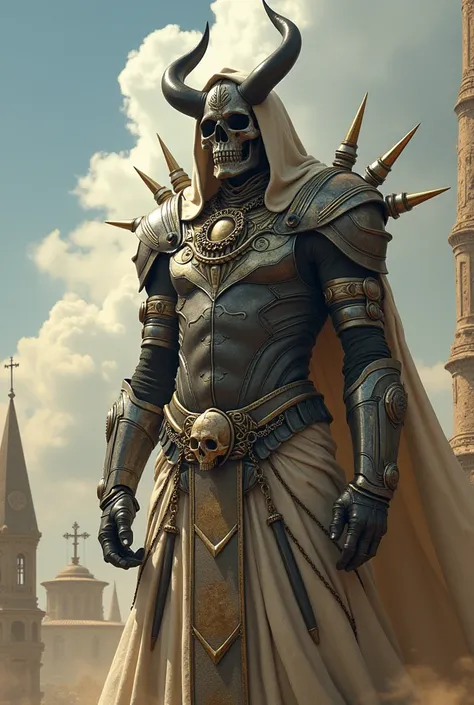 Create images of armored mummy Egyptian stylewarriors, sci-fi fantasy, with horns, spikes, fantasy, chains, skulls, fashion ornaments, standing on tall buildings.Wear fashion accessories, punk hairstyles, and fashion glasses.There is a skull, a heart, a cr...