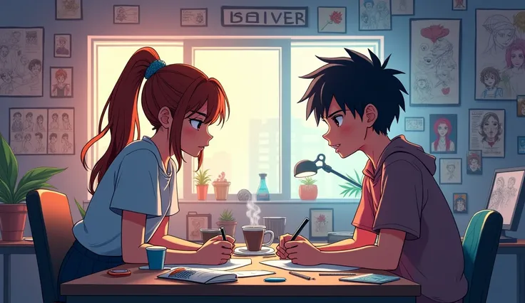 Female director and brother working in anime style